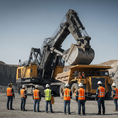 Image of a diverse group of construction workers operating or interacting with a Hydraulic mining shovel (large hydraulic mining excavator) from the excavators taxonomy