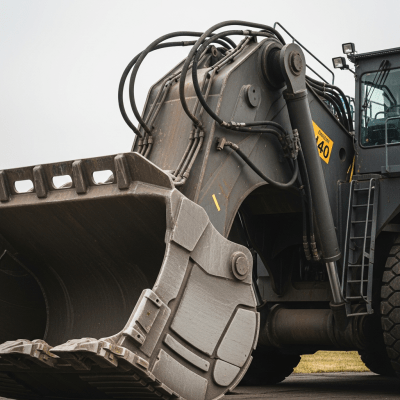 A close-up photograph focusing on the bucket and arm of a Hydraulic mining shovel (large hydraulic mining excavator) (excavators), showing details such as hydraulic lines, metal textures, and wear marks