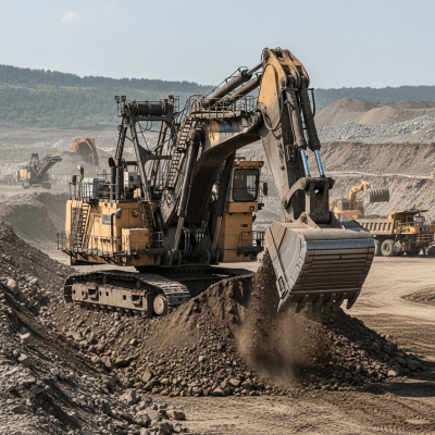 A realistic image of a Hydraulic mining shovel (large hydraulic mining excavator) (excavators) at work on a construction site, surrounded by soil, rocks, and machinery