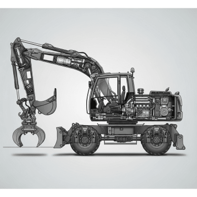 Detailed cross-sectional illustration of a Hydraulic wheeled excavator (standard) from the excavators taxonomy