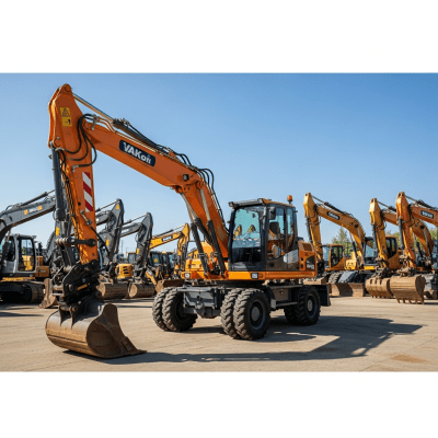 A wide-angle image of a fleet of various excavators, with the specific Hydraulic wheeled excavator (standard) in the foreground for emphasis