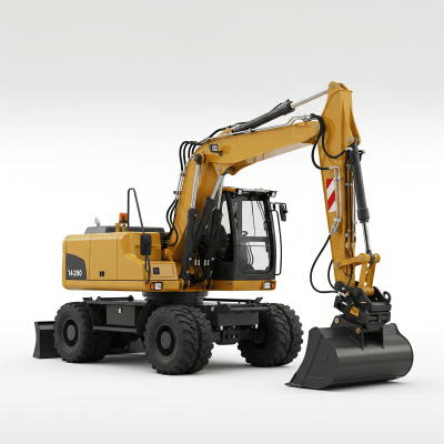 High quality studio photograph of a single Hydraulic wheeled excavator (standard) from the excavators taxonomy