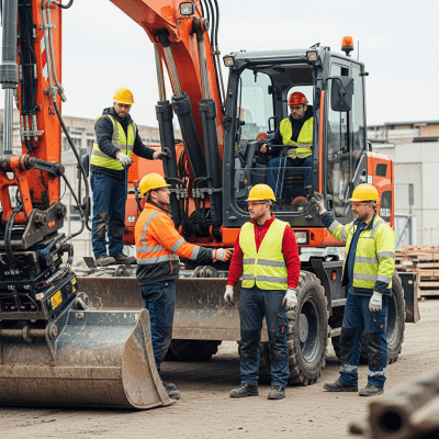 Image of a diverse group of construction workers operating or interacting with a Hydraulic wheeled excavator (standard) from the excavators taxonomy