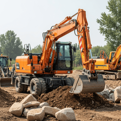 A realistic image of a Hydraulic wheeled excavator (standard) (excavators) at work on a construction site, surrounded by soil, rocks, and machinery