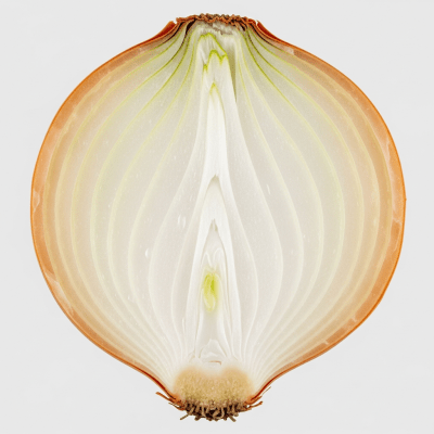 A detailed cross-sectional image of a Hylander onion (onions) cut in half to reveal its internal layers and structure