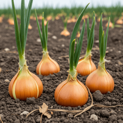 A photograph of a Hylander onion (onions) in its natural environment or growing in soil