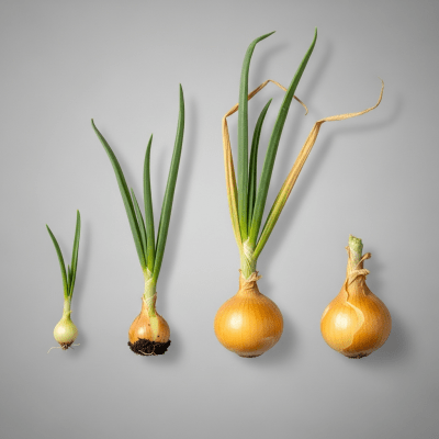 An image showing multiple stages of growth for a single type of Hylander onion (onions), from seedling to mature bulb