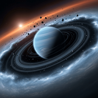 Realistic rendering of a Ice giant, shown in a simulated planetary formation environment