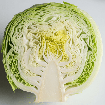 Detailed close-up image of a freshly cut cross-section of Iceberg Lettuce, of the taxonomy lettuce