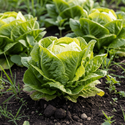 Naturalistic photograph of Iceberg Lettuce growing in a field or garden, representing its environment as part of the taxonomy lettuce