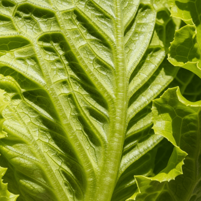 Macro shot capturing the texture and surface details of a leaf from Iceberg Lettuce, within taxonomy lettuce