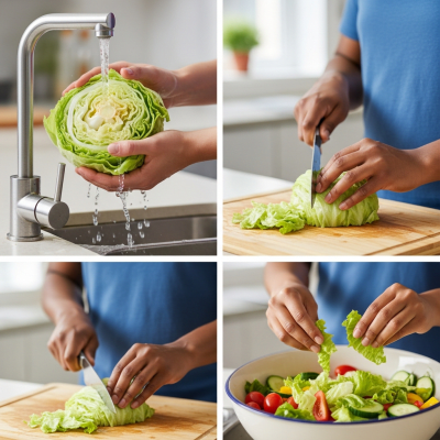 Photograph of a diverse pair of hands preparing or serving Iceberg Lettuce in a kitchen setting