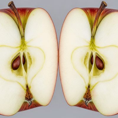 A close-up image showing a cross-section of a Idared of the taxonomy apples, sliced cleanly in half to reveal internal structure, seeds, and flesh