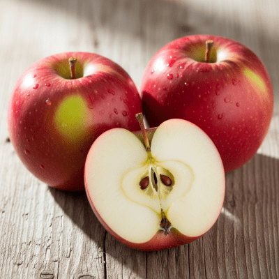 A simple arrangement showing several whole and one cut-open Idared, displayed on a wooden surface