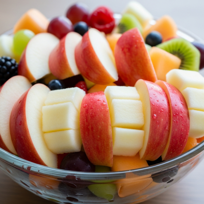 A photograph of a freshly sliced Idared of the taxonomy apples, presented as part of a fruit salad in a clear bowl