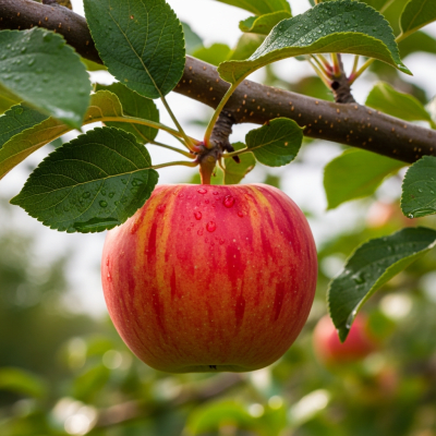 A naturalistic photograph of a Idared, hanging on its tree branch with leaves visible