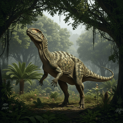 Realistic depiction of a Iguanodon in its prehistoric natural environment