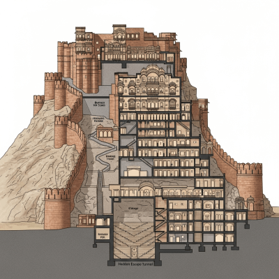 A detailed cross-sectional illustration of a Indian Hill Fort, from the castles taxonomy