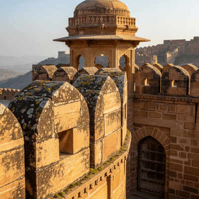 A close-up image focusing on unique architectural details of a Indian Hill Fort, from the castles taxonomy