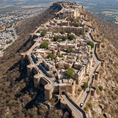 A bird's-eye view rendering of a Indian Hill Fort, classified in the castles taxonomy