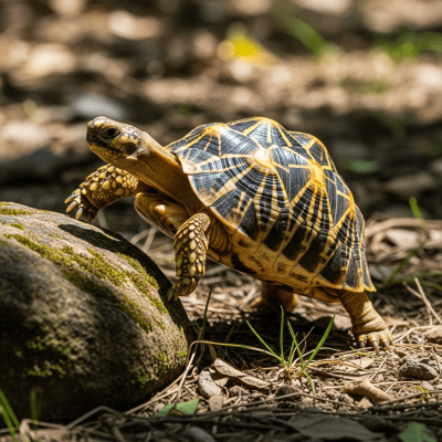 A dynamic action shot of a Indian Star Tortoise, part of the taxonomy reptiles, in motion such as climbing, swimming, basking, or hunting in its environment