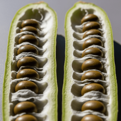 Close-up macro image of the Indigo (legumes) cut in half, displaying its internal structure and details such as seed arrangement, pod interior, or cross-section textures