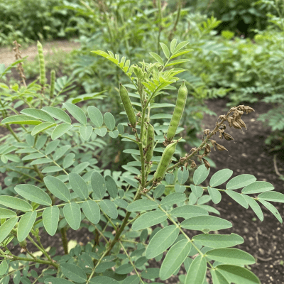 Photograph of the Indigo (legumes) growing naturally on its plant in an outdoor agricultural or garden setting, showing leaves, pods, and surrounding soil or greenery