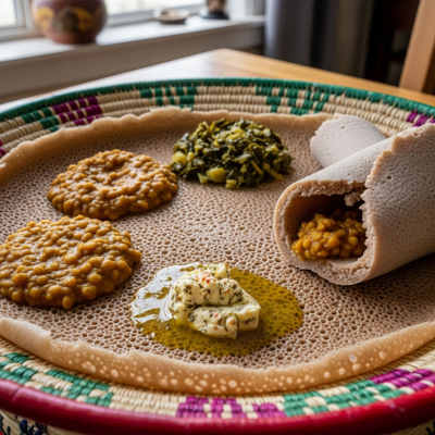 Photograph of Injera, shown being served or eaten as part of a meal
