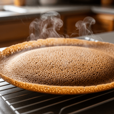 Photograph of freshly baked Injera, cooling on a wire rack