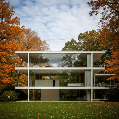 Photograph depicting International Style, an example of architecture, in active use or cultural context—such as being inhabited, visited, or used for its intended purpose—while keeping focus on the structure itself