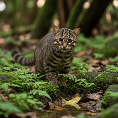 Photorealistic image of a Iriomote Cat (felines) in its natural habitat