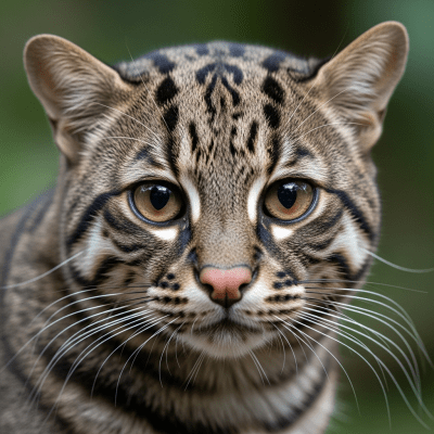 Close-up macro photograph focusing on the facial features and fur texture of a Iriomote Cat