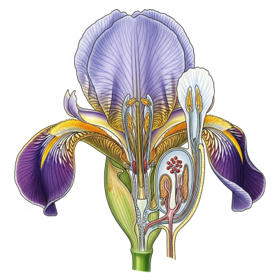 Cross-sectional illustration of a Iris (flowers), showing internal parts such as stem, petals, and reproductive organs