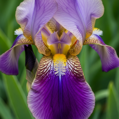 Detailed macro image of a Iris (flowers), focusing on the intricate structure of petals, stamens, and pistil