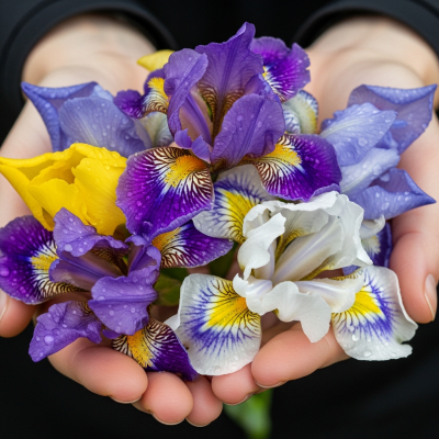 Photograph of a Iris (flowers) being held or interacted with by a person in a gentle way