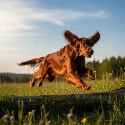 Full body action shot of a Irish Setter
