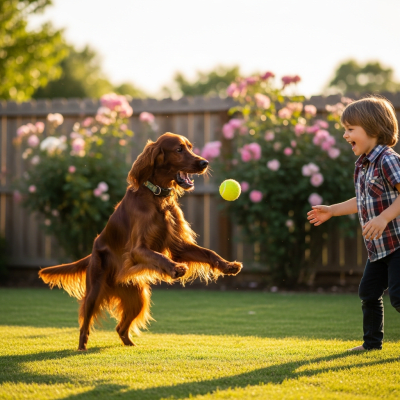 Image of a Irish Setter interacting with humans in a typical cultural or domestic setting