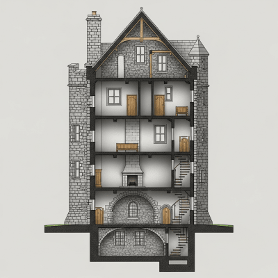 A detailed cross-sectional illustration of a Irish Tower House, from the castles taxonomy