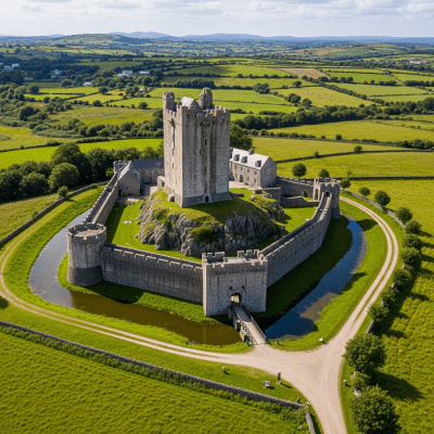 A bird's-eye view rendering of a Irish Tower House, classified in the castles taxonomy
