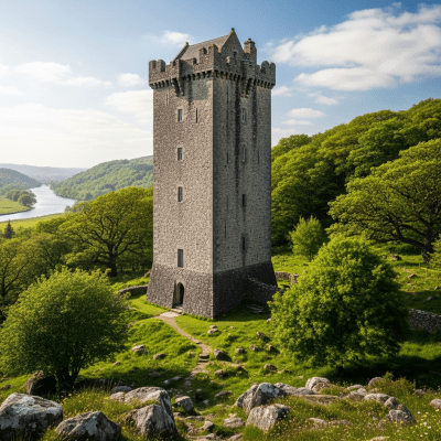 A realistic image of the Irish Tower House from the castles taxonomy, situated in its historical or natural environment