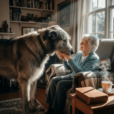 Image of a Irish Wolfhound interacting with humans in a typical cultural or domestic setting