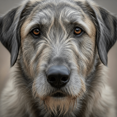 Close-up photograph of the face of a Irish Wolfhound