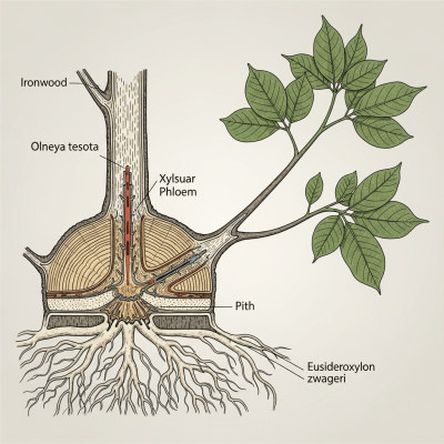 Detailed botanical illustration of the internal structure of a Ironwood