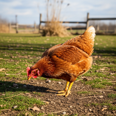 Naturalistic image of a ISA Brown belonging to the chicken taxonomy in its typical outdoor environment