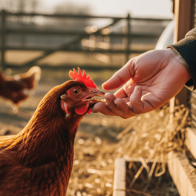 Photograph of a ISA Brown from the chicken taxonomy interacting with humans in a typical farm setting