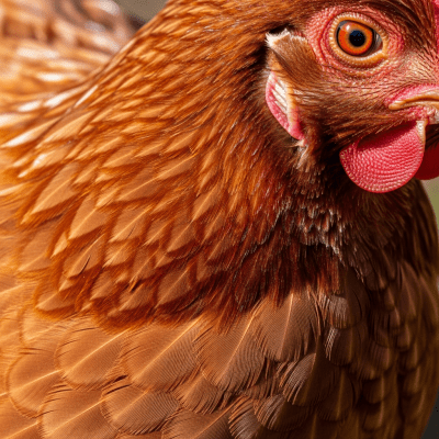 Close-up macro photograph highlighting the feather texture and coloration of a ISA Brown from the chicken taxonomy