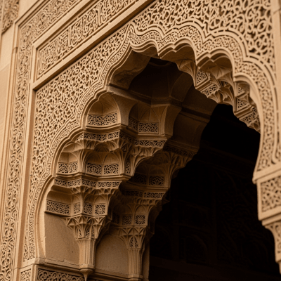 Close-up detail shot of a distinctive feature or ornamentation from the Islamic (architecture), showing material texture, craftsmanship, or unique design elements