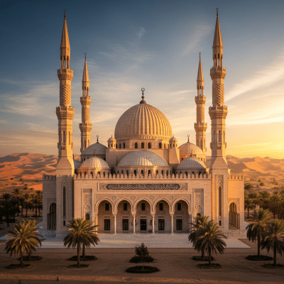 A wide-angle photograph of Islamic, a type of architecture, situated in its typical environment or setting