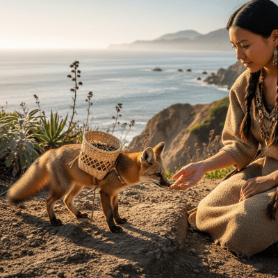 Image of a Island Fox interacting with humans in a cultural or practical context