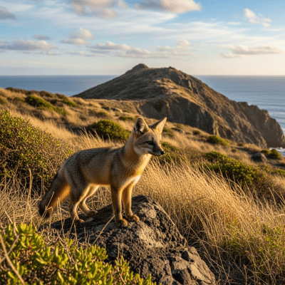 Photograph of a Island Fox, part of the taxonomy canines, in its typical natural environment